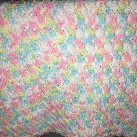 Homemade Baby Blanket knit white & pastels 40”x30” - Picture 6 of 7